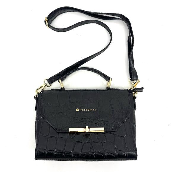 Persaman Black Leather Small Rectangle Crossbody Bag Flap - Picture 2 of 9